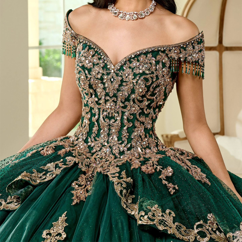 Green Emerald Shiny Princess Ball Gown Quinceanera Dresses Mexico Gold Appliques Lace Beads Birthday Party For Th Girls D