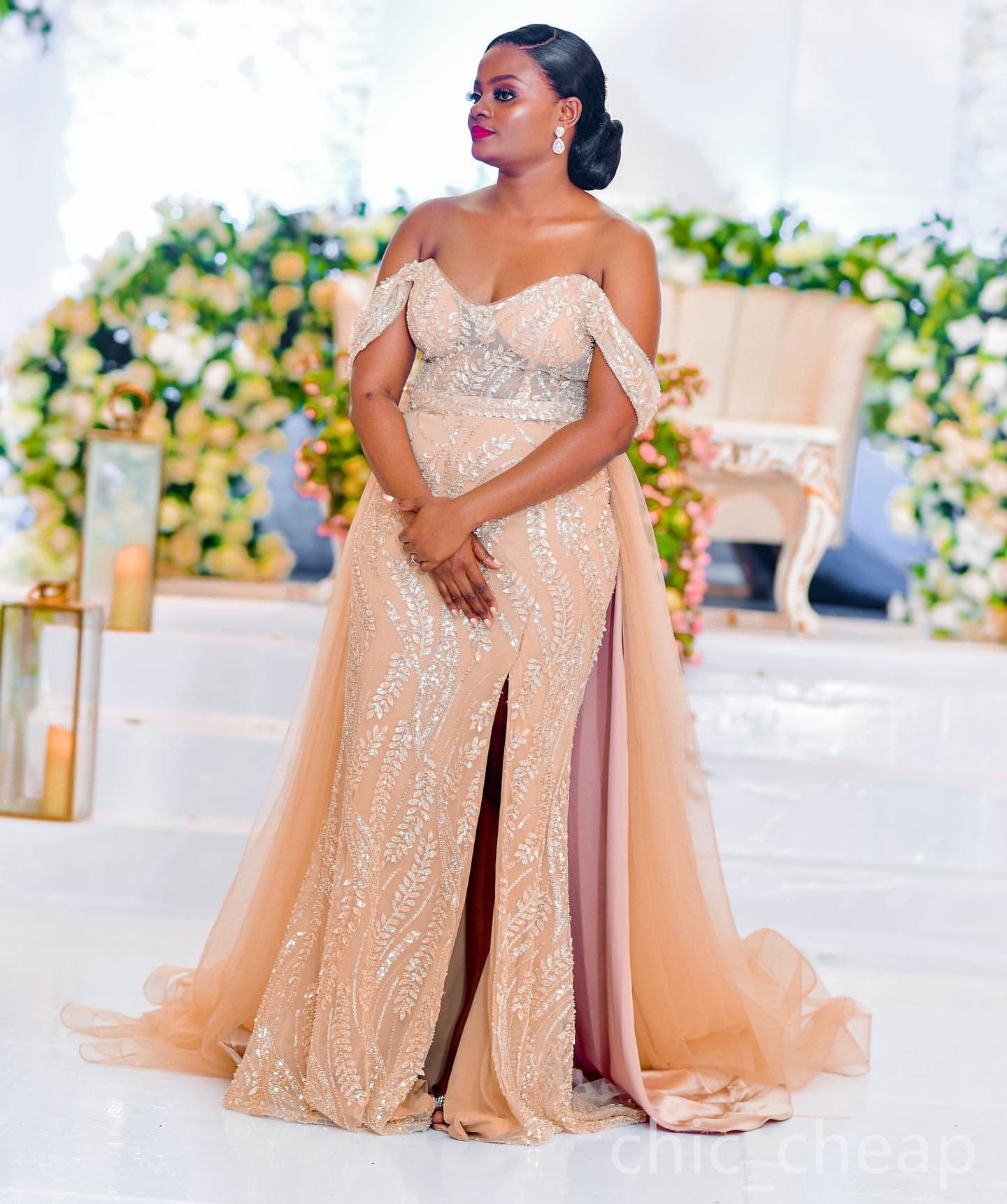 Champagne Floral Lace Mermaid Prom Dress for 2024 Events Detachable Evening Formal Party Second Receiption Birthday Dresses For Special Occasions Vint