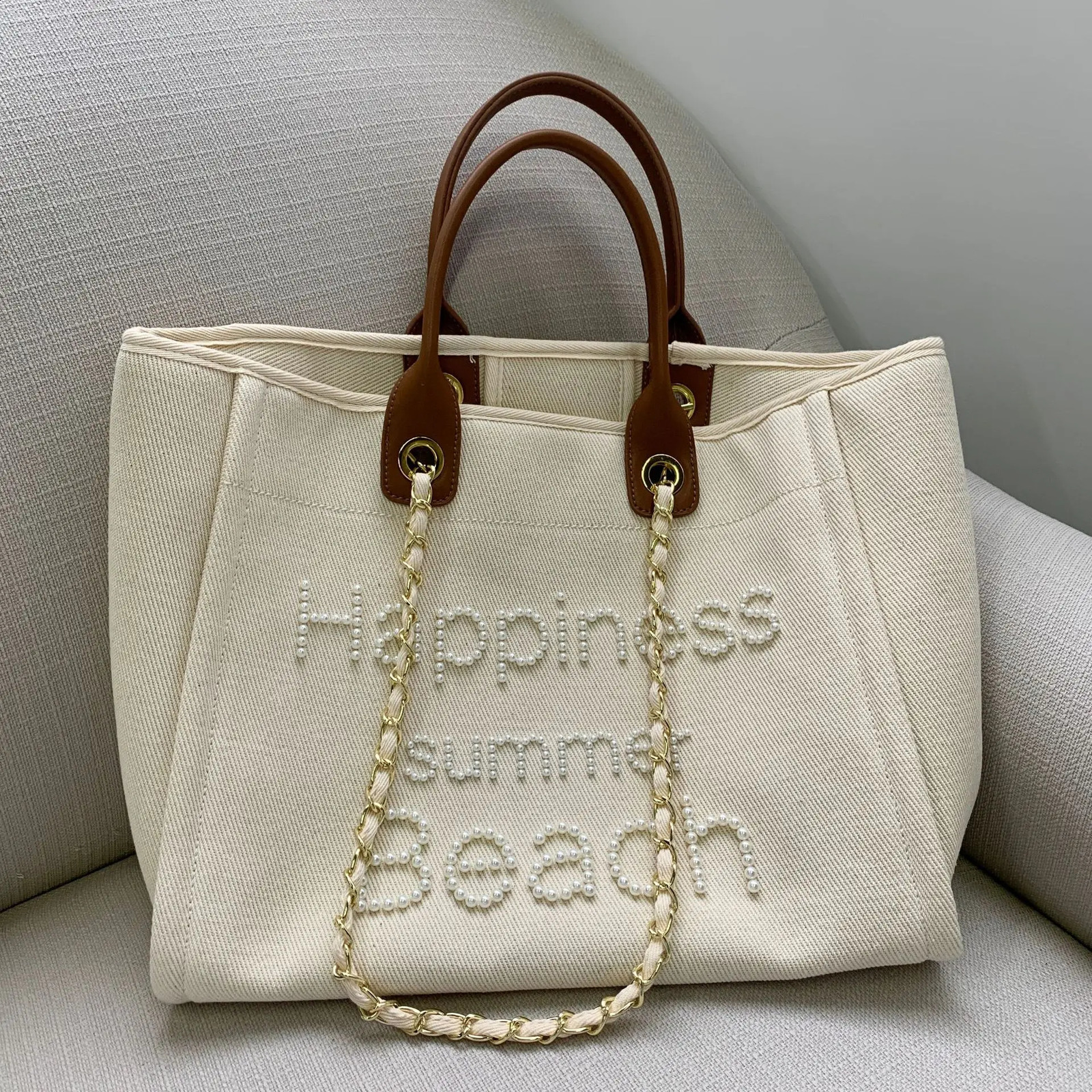 Women Tote Bag Fashion Canvas Large Handbag Chains Genuine Leather Shoulder Bags Ladies Big Messenger Bag Shopping Bag 240816