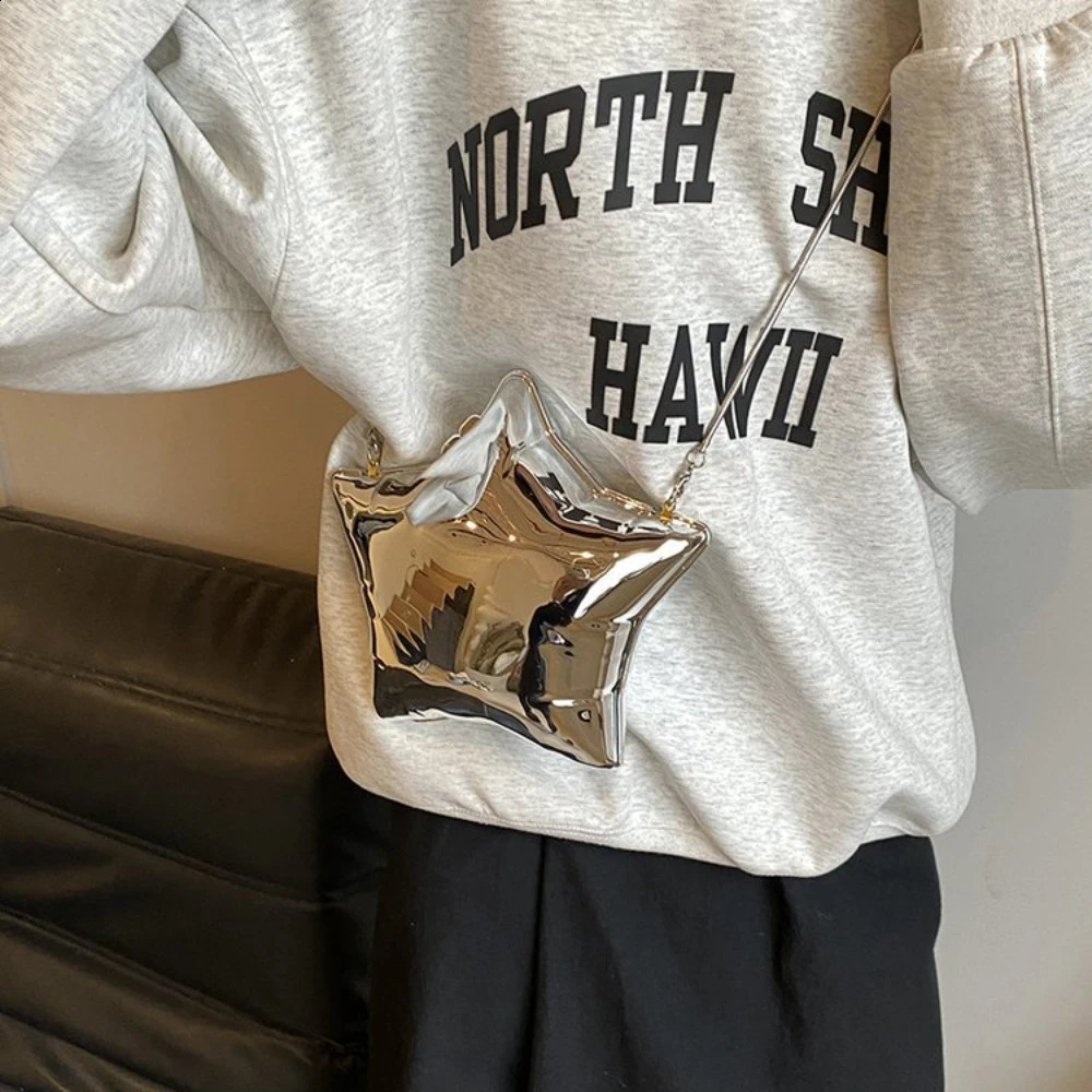 1Pc Nice n Gold And Silver Chain Womens Evening Bags 2024 Bright Face Five Pointed Star Shoulder Bag Funny Party 240816Z