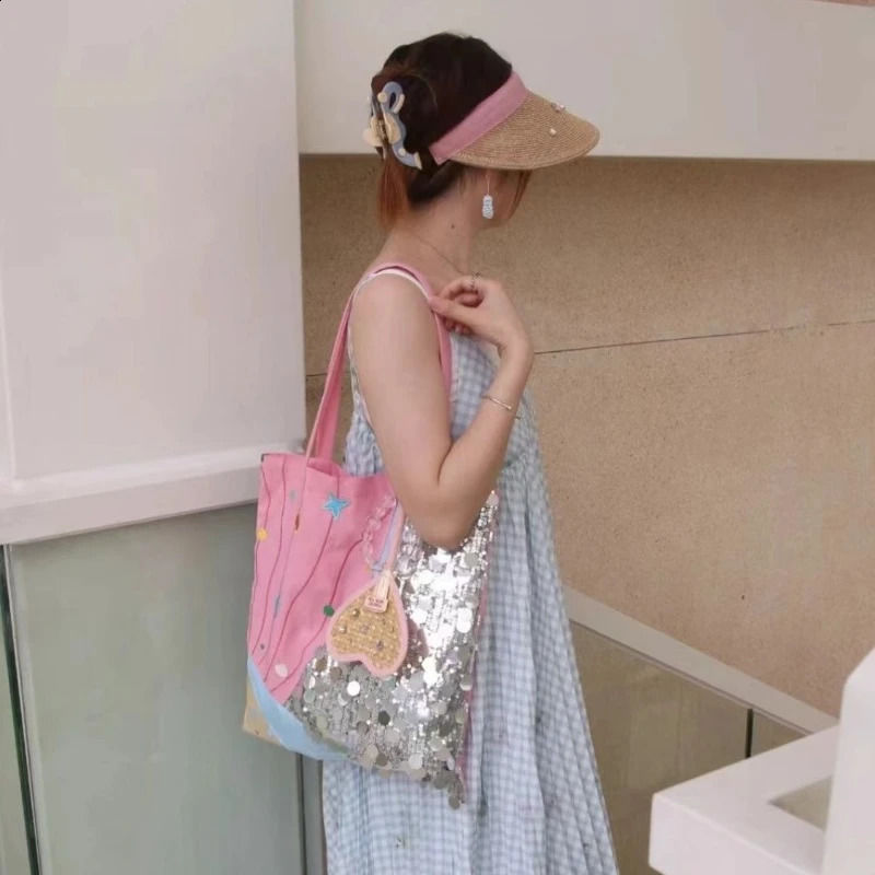 Fashion Chic Star Embroidery Canvas Bags Sequined Patchwork Personality Underarm Bag Harajuku Grunge Y2k Shoulder Handbags Women 240816