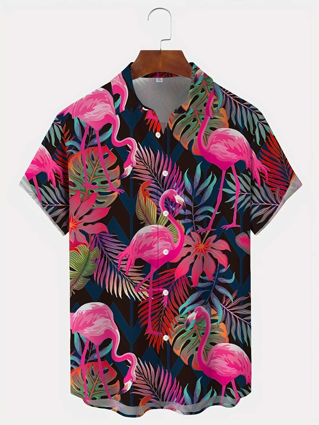 Mens plus size flamingo pattern Hawaiian shirt summer short sleeved T-shirt top Harajuku casual shirt short sleeved streetwearW240726