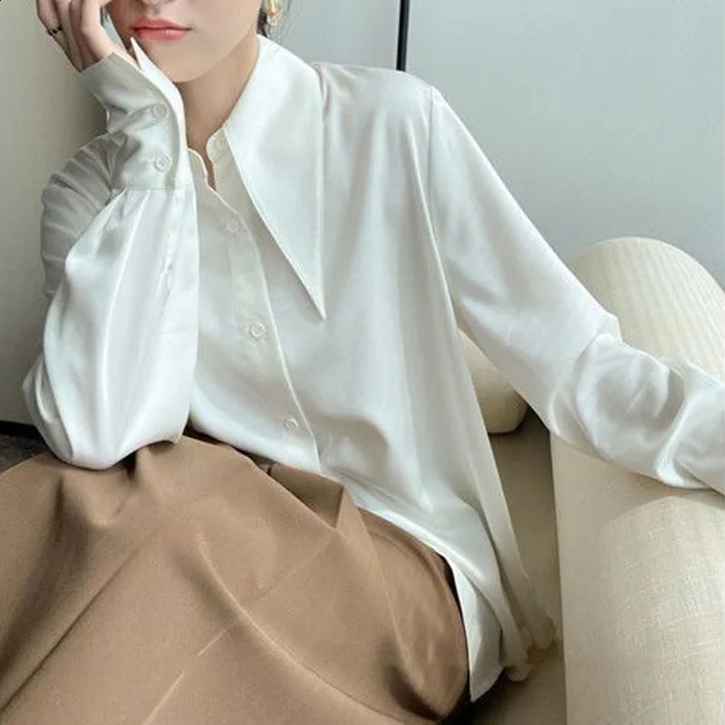 Spring Autumn Elegant Long Sleeve Loose Shirt Tops Solid Color All-match Fashion Blouse Temperament Korean Women Clothing 240816