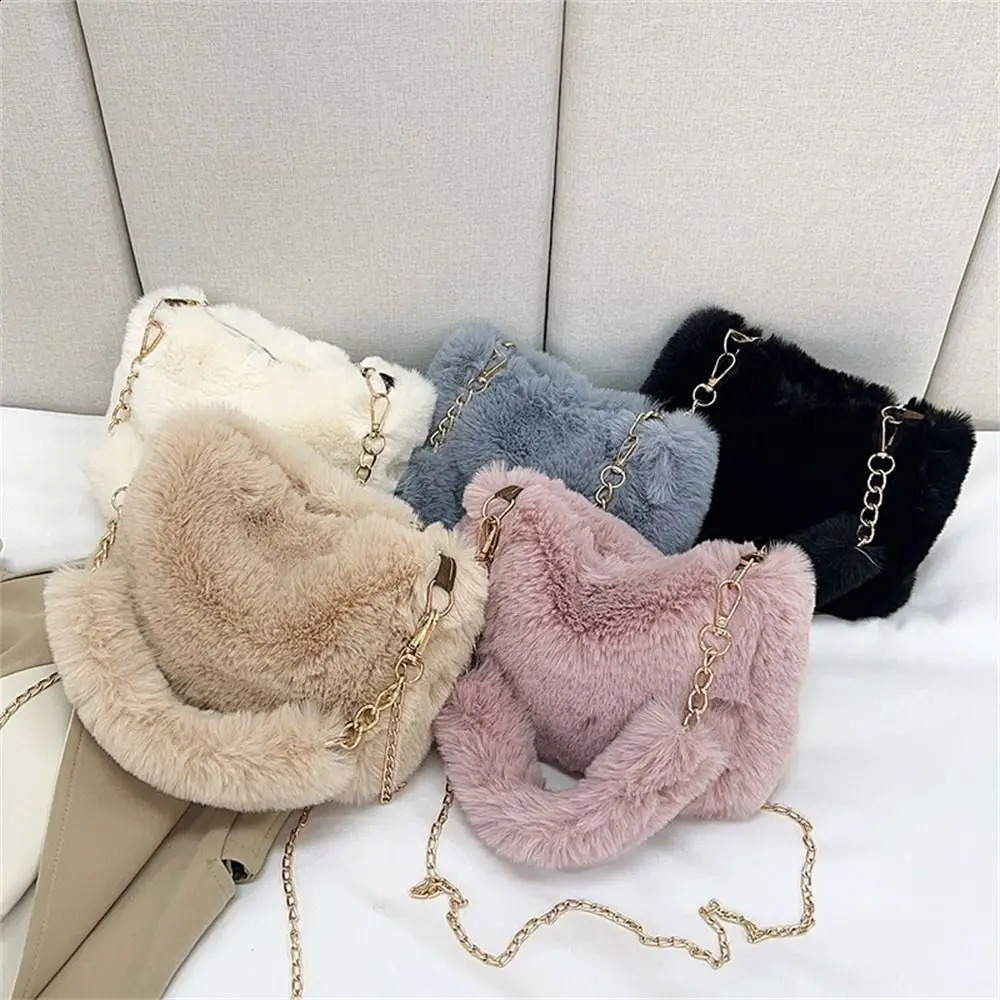 Fashion Women Fluffy Shoulder Bags Female Winter Chain Underarm Bag Solid Color Handbag Soft Plush Handle 240816Z