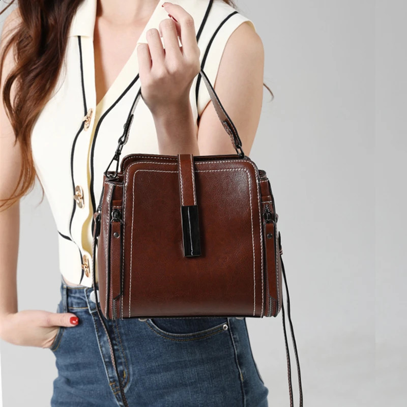 Hifashion Vintage Genuine Leather Bucket Small Shoulder Crossbody Bags For Women Trend er Top Handle Ladies Handbags 240816