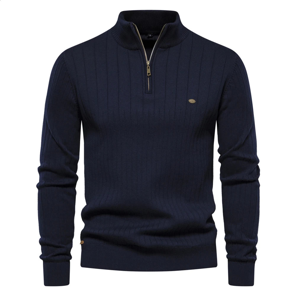AIOPESON Mens Plain Neck Quarter Zipper Pull up Sweater Autumn Casual Business Knitted 240824