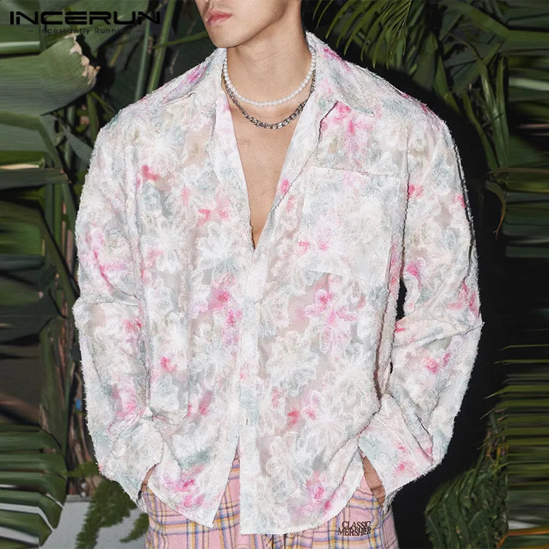 Men Shirt Floral Printing Lapel Long Sleeve Casual Men Clothing Streetwear Loose Korean Style Fashion Shirts S-5XL INCERUN 240816