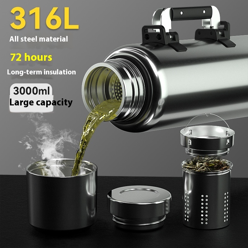 Large capacity 316L stainless steel insulated water bottle for outdoor travel, car mounted tea separation, household warm water bottle