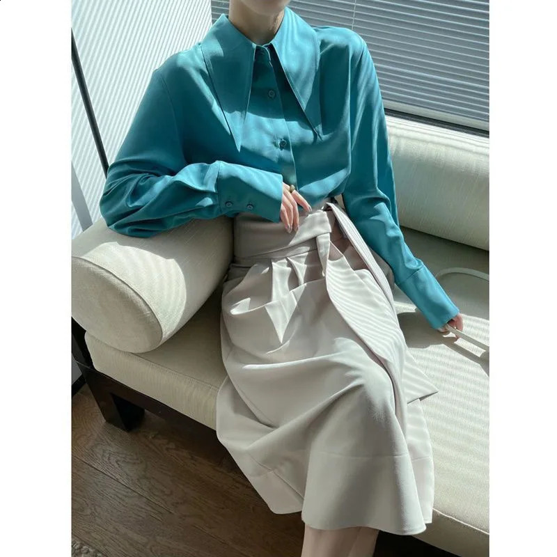 Spring Autumn Elegant Long Sleeve Loose Shirt Tops Solid Color All-match Fashion Blouse Temperament Korean Women Clothing 240816