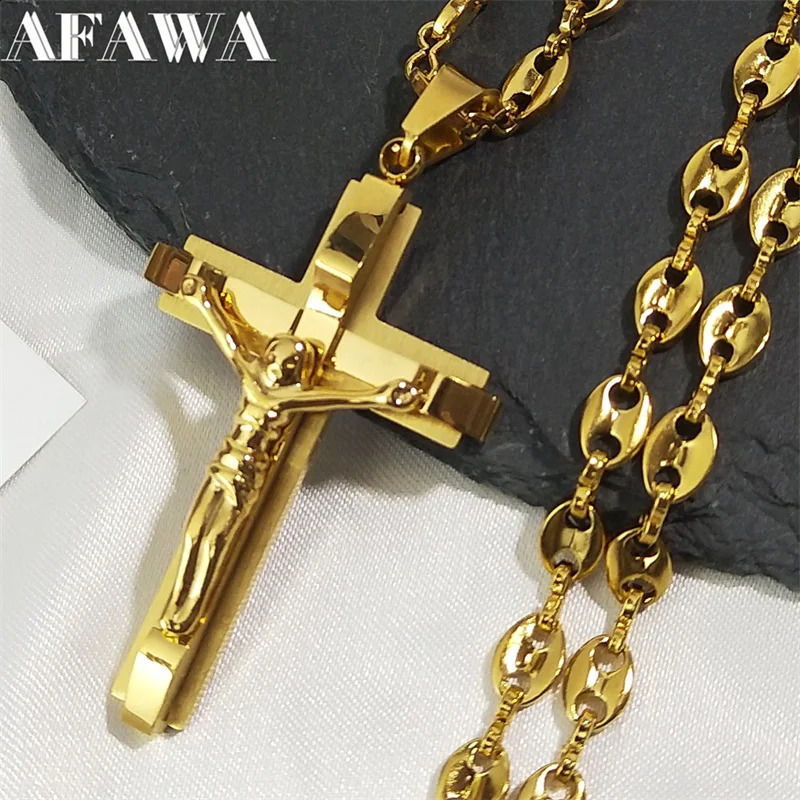 Jesus Cross Pendant Necklace Mens Stainless Steel Gold Christian Coffee Bean Chain Jewelry Crystal Necklace 240810