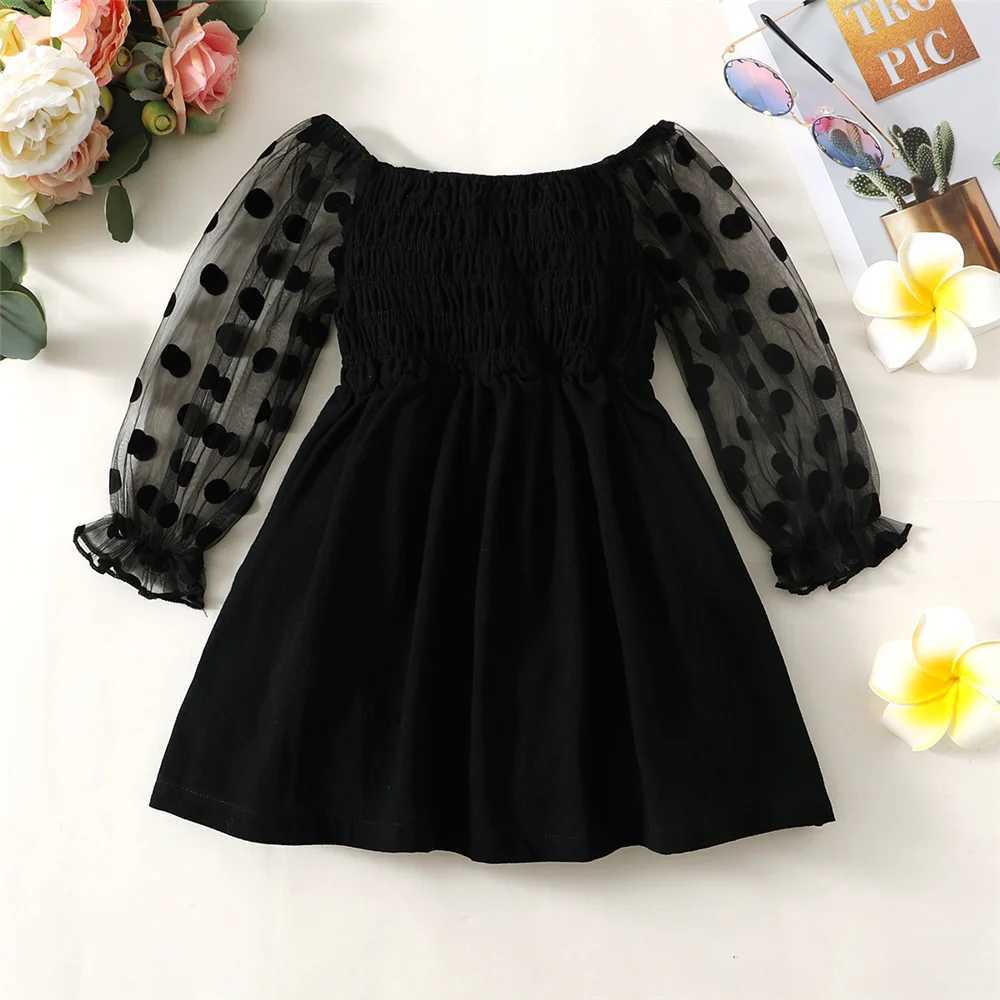 1-6 Year Baby Girl Fashion Off the Shoulder Black Mesh Long Sleeved Dress for Spring Autumn Par Photography Skirt OutfitsXJ241206