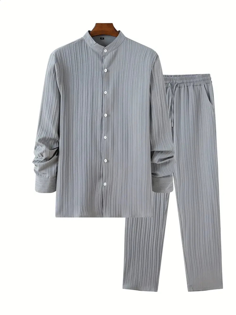 Tiki Mens Shirt Spring And Autumn Casual Shopping Solid Color Striped Long Sleeve Shirt Striped Pants Set Flash Sales 240821