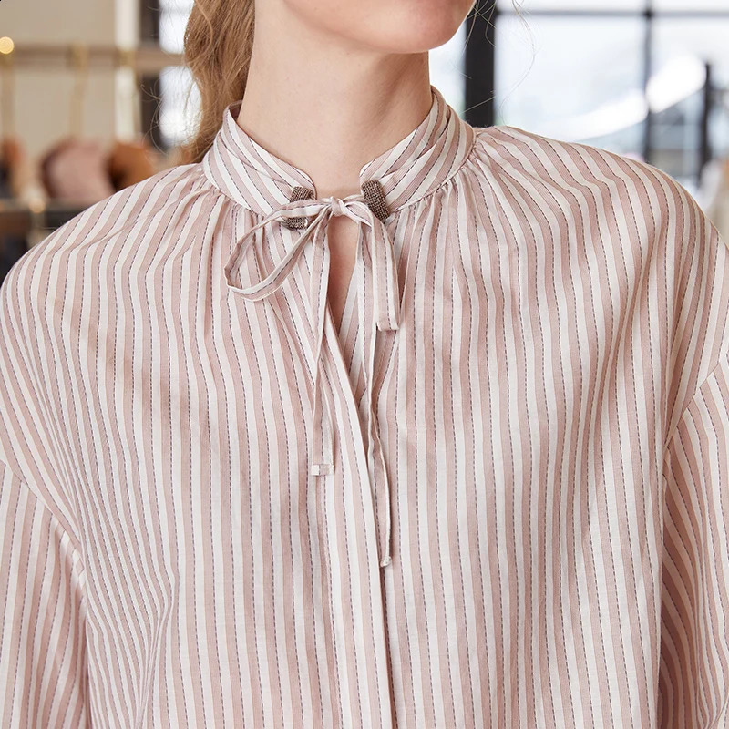K1790W y womens highquality 70% cotton 30% silk long sleeved striped shirt 240814