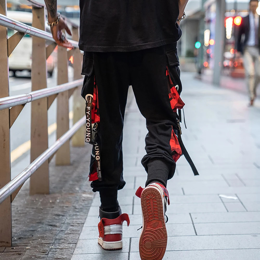 Mens Cargo Pants Casual Hip Hop Hit Color Multiple Pockets Trousers Streetwear Ribbons Techwear Sweatpants 240816