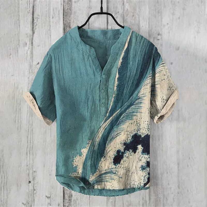 Spring and summer new bee print V-neck short sleeved shirt casual loose fitting long socks linen topW240726