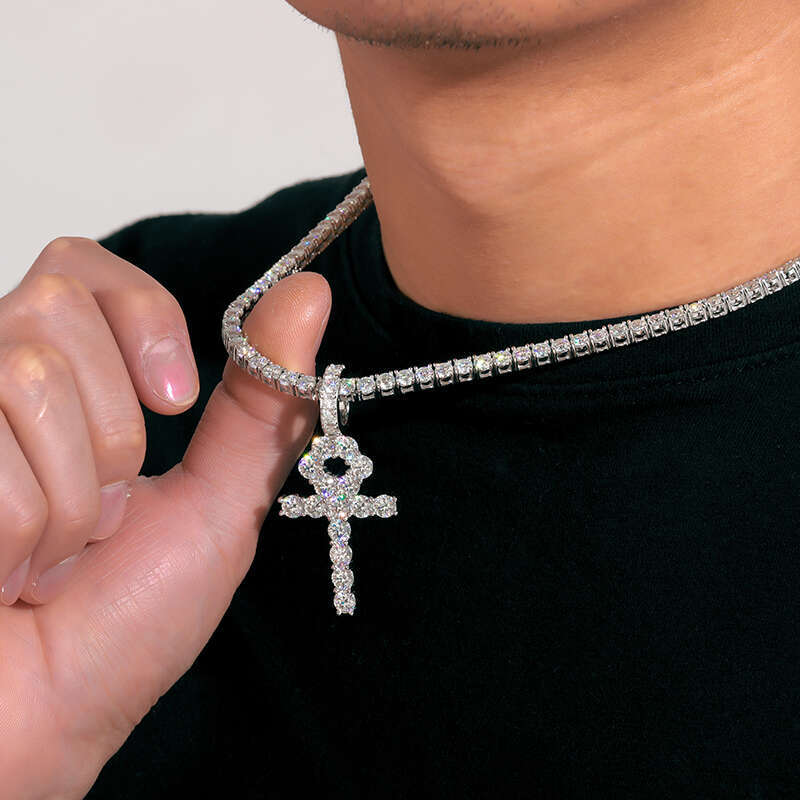 Pass Tester Sterling Sier VVS Moissanite Diamond Ankh Cross Pendant 4mm Tennis Chain Necklace Jewelry Set