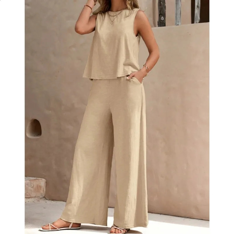 Womens Set Summer Yellow Round Neck Sleeveless Shirt Wide Leg Pants Two Piece Set For Women Versatile Casual Outfits 240816