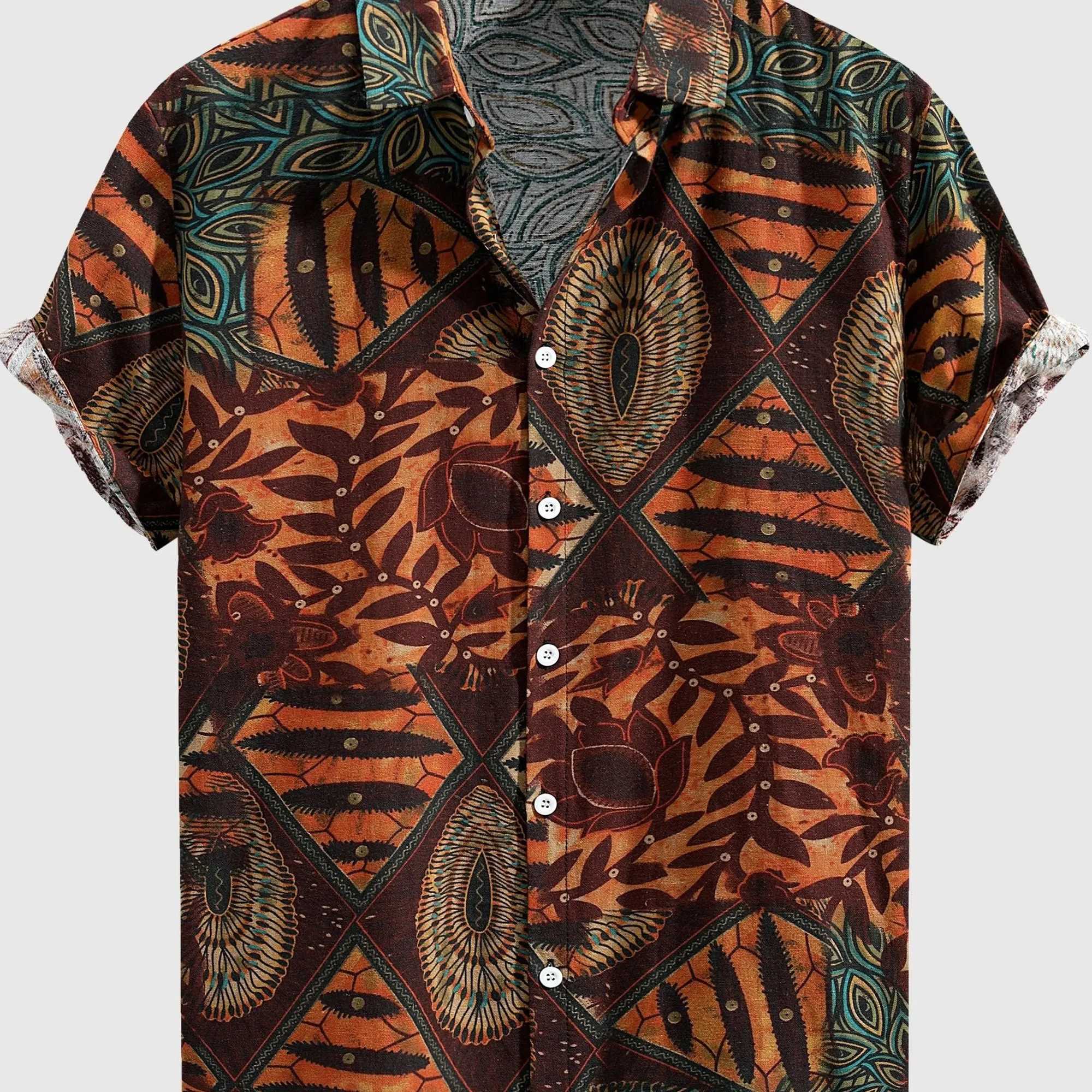 Mens loose cotton blend geometric pattern shirt casual breathable collared short sleeved shirt suitable for outdoor useW240726