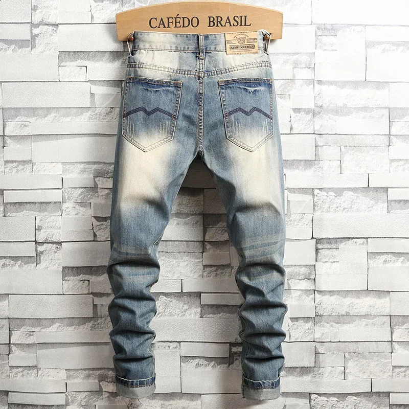 Retro Distressed Tear Ultra Thin Jeans Suitable for Mens Street Hip Hop Stretch Straight Fashion Motorcycle Denim Trouser Men 240816