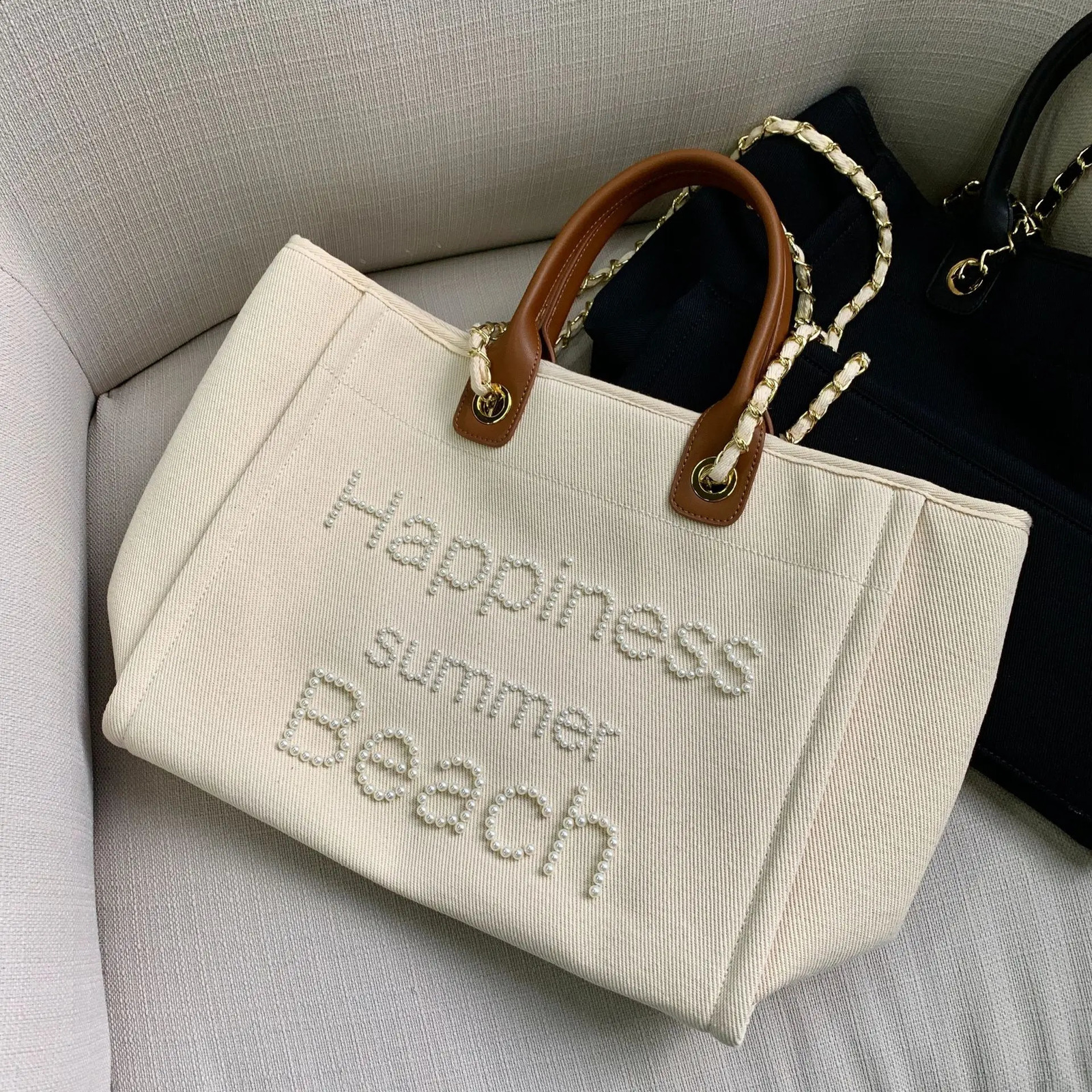 Women Tote Bag Fashion Canvas Large Handbag Chains Genuine Leather Shoulder Bags Ladies Big Messenger Bag Shopping Bag 240816