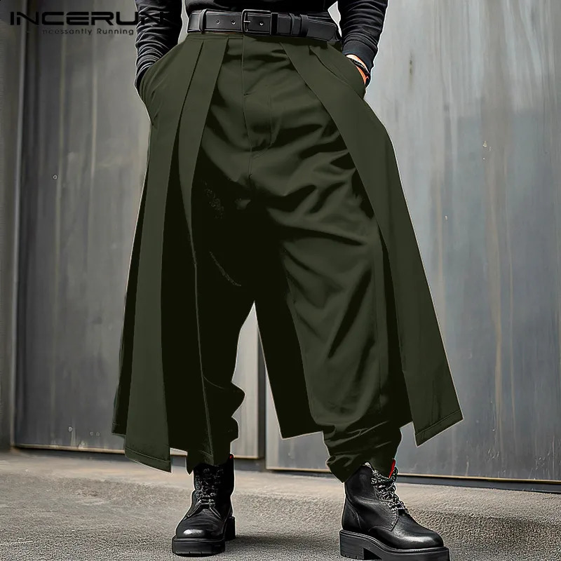 INCERUN Mens Irregular Pants Solid Color Jogger Loose Button Fold Casual Wide Leg Street Clothing Fashion w240816