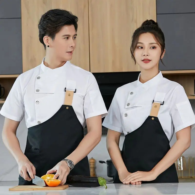 Men black Chef Coat short Sleeve Chef Jacket Apron for Summer Head Chef Uniform Restaurant el Kitchen Cooking Clothes 240816
