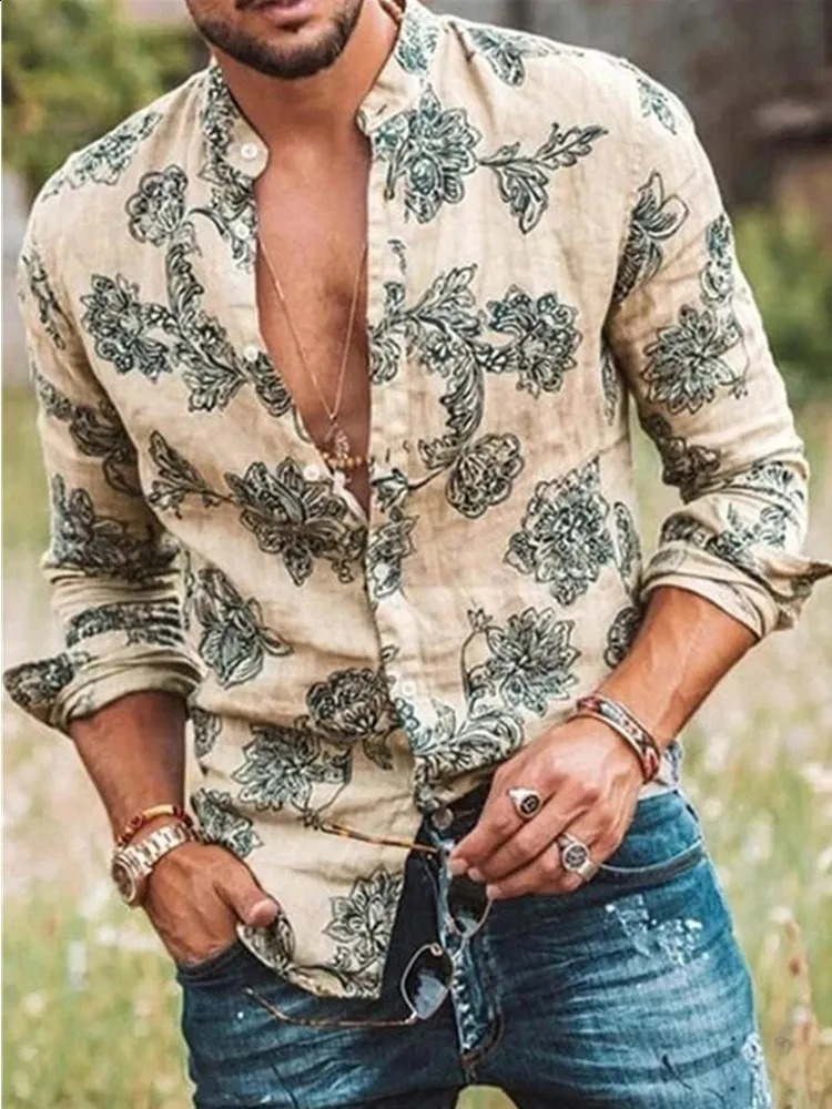Mens Long Sleeve Shirt Casual Trend Fashion Floral Slim-fit Shirt For Men 240816