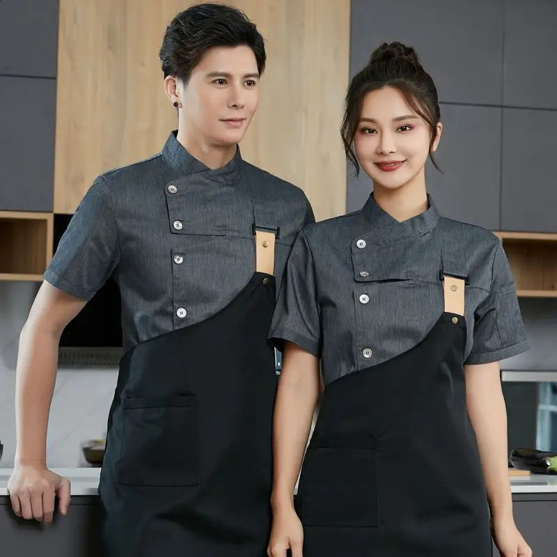Men black Chef Coat short Sleeve Chef Jacket Apron for Summer Head Chef Uniform Restaurant el Kitchen Cooking Clothes 240816