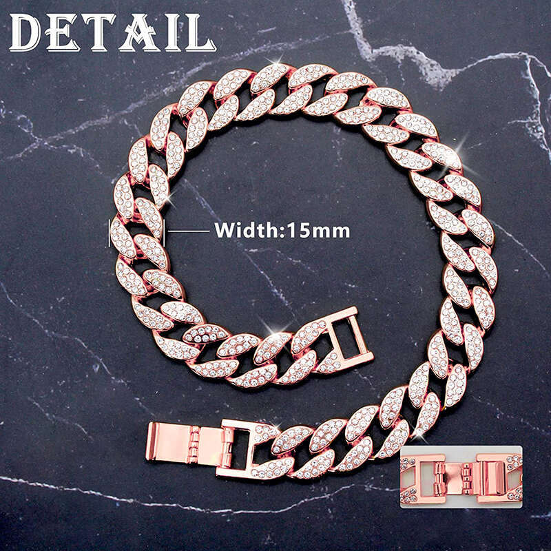 Dog Collars Pink Diamond 15MM Pet Cuban Jewelry Accessories for Dogs Cats Gold Dog Walking Metal Chain Collar H250219