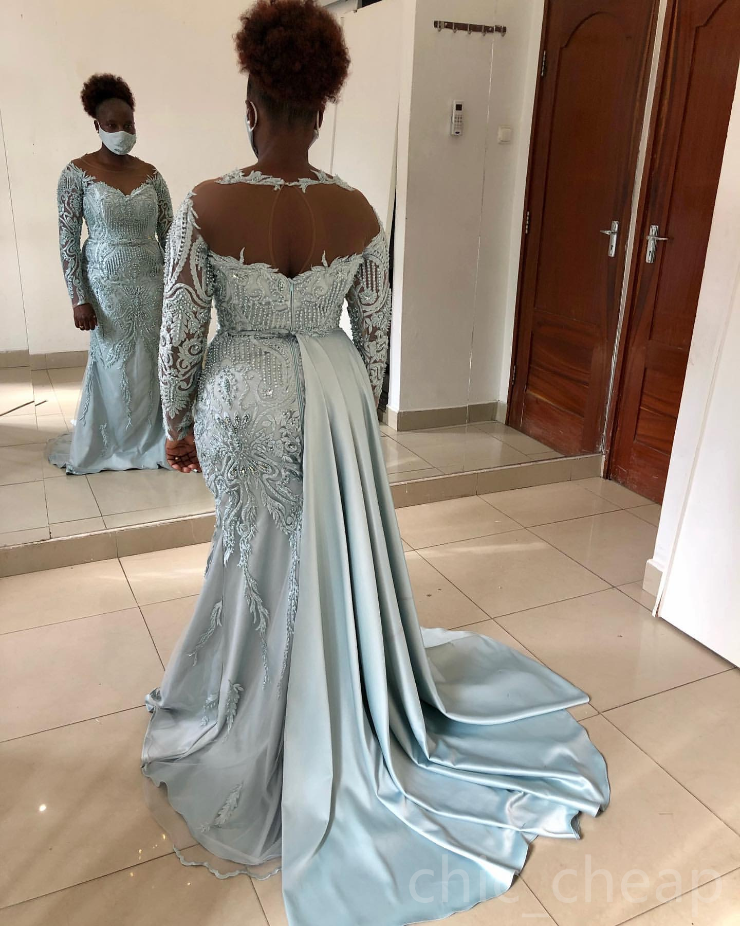2024 silver mermaid mother of bride dresses lace beaded evening party mama dress vintage satin full sleeves birthday wedding guest groom mothers gowns
