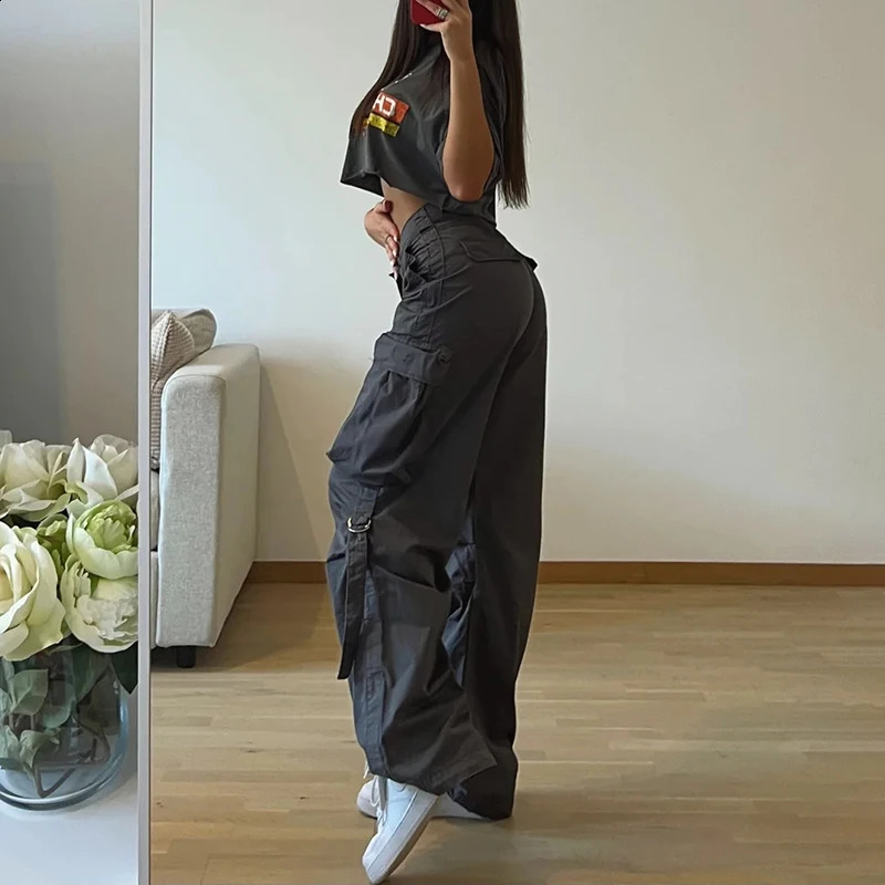 Rockmore Cargos Style Parachute Pants Low Waist Women Joggers Harajuku Pockets Baggy Wide Leg Trousers y2k Streetwear Casual Z260314