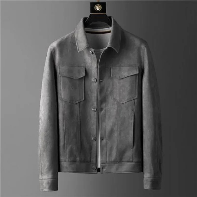 Suede Leather Mens Jacket Spring Business Casual Vintage Cargo Short Jacket Retro Slim Fit Autumn British Resistant Outwear 240816