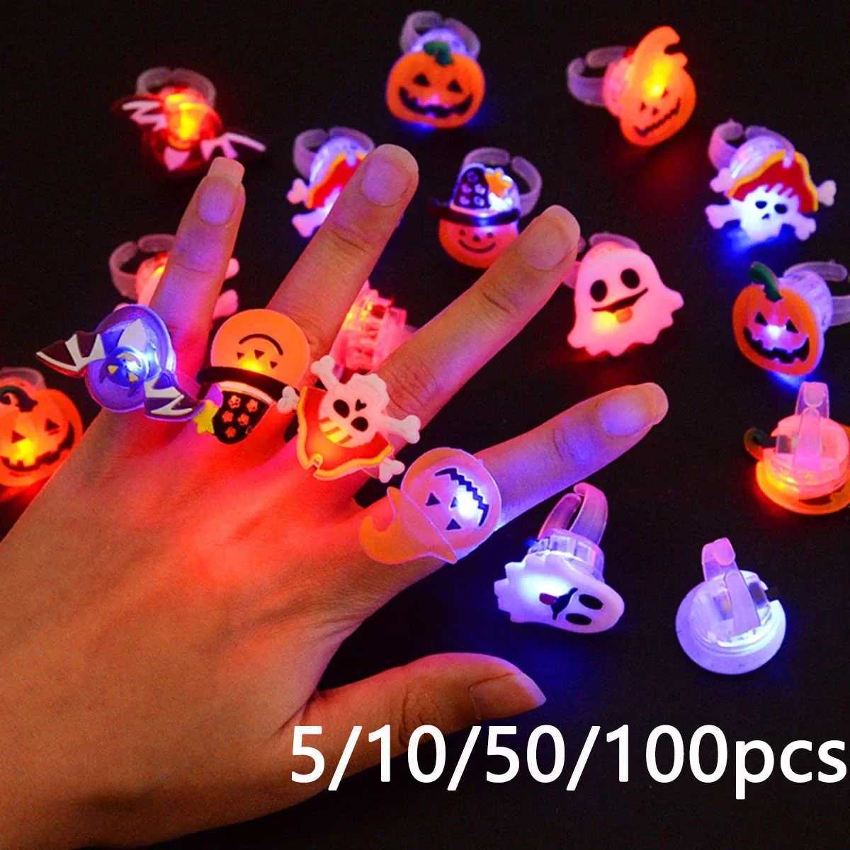 5-100PCS/Set Halloween LED Rings Light Horror Pumpkin Ghost Spider Glow Finger Rings For Kids Halloween Party Cosplay Supplies Y240817