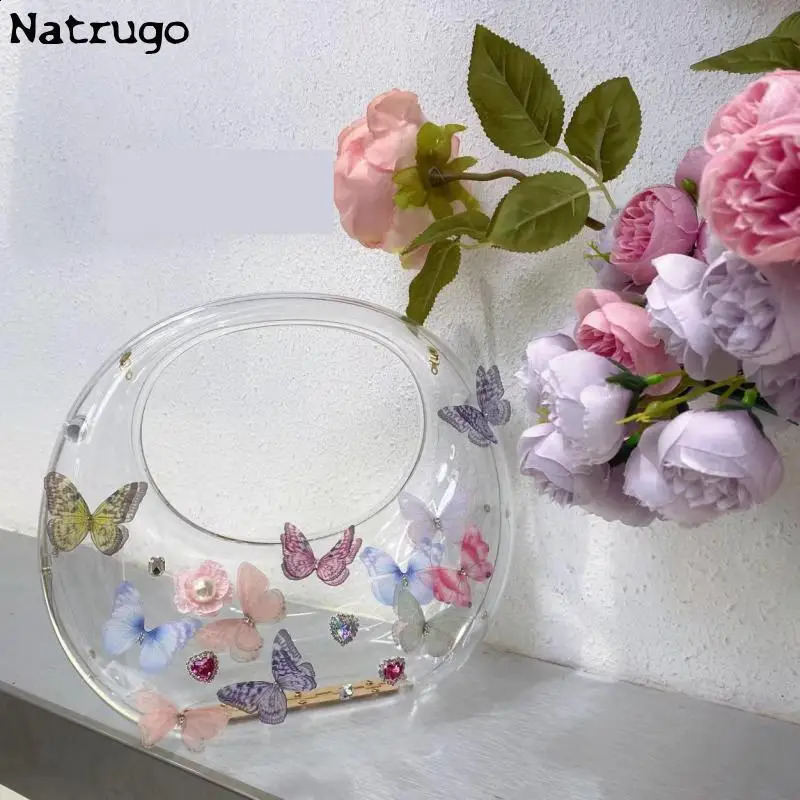 Butterfly Decoration Acrylic Clutch Bag Women Clear Wedding Evening Party Round Purse Tote Handbag 241216