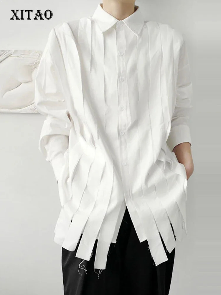 XITAO Tassel white shirt fashion full sleeve autumn single chest pleated small fresh casual style loose ZP2055 240814