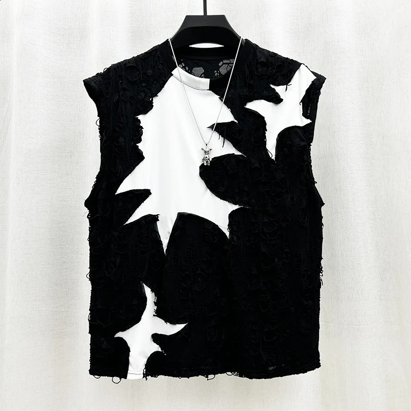PFHQ mens summer vest wearing personalized patch work clothes perforated sleeveless mens breathable summer vest model 21Z49 240816