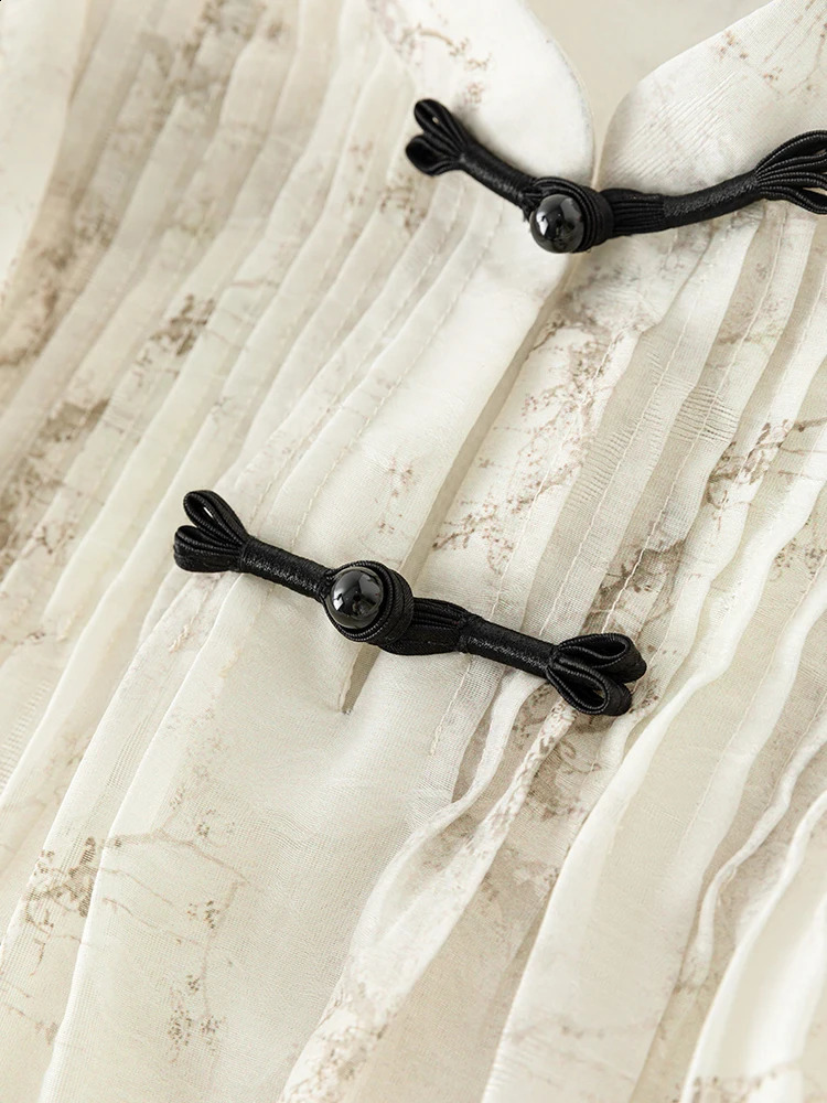 FSLE Stand collar Chinese style womens summer thin short sleeved shirt with fungal edge design chiffon 24FS12459 240814