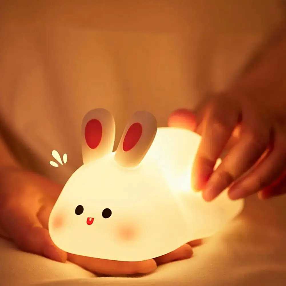 Big face rabbit night light childrens bedroom rechargeable toy light silicone cute decoration soft bed cabinet color Y5Z7 W240816
