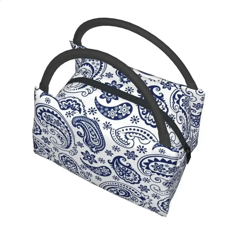 Blue And White Vintage Paisley Style Insulated Lunch Bag for Women Leakproof Flowers Pattern Cooler Thermal Lunch Tote 240816