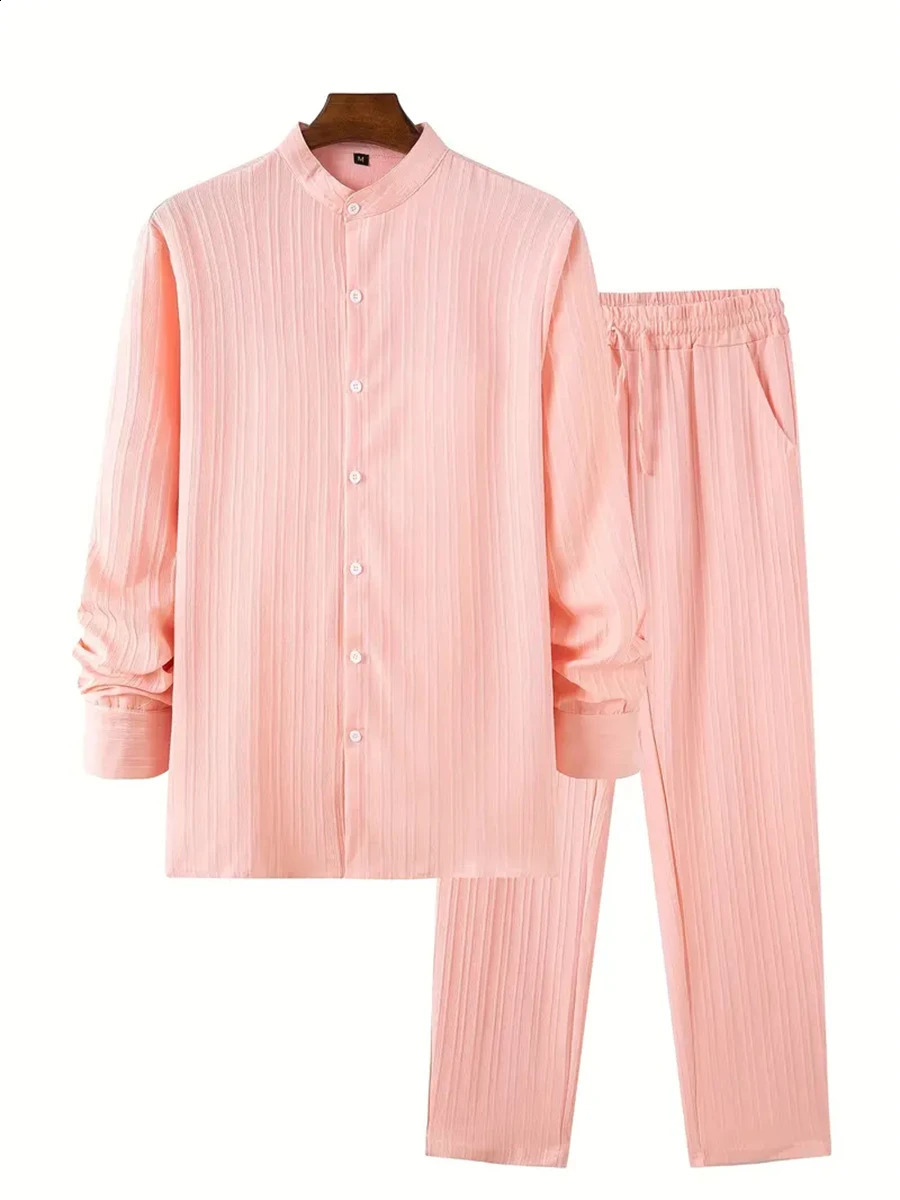 Tiki Mens Shirt Spring And Autumn Casual Shopping Solid Color Striped Long Sleeve Shirt Striped Pants Set Flash Sales 240821