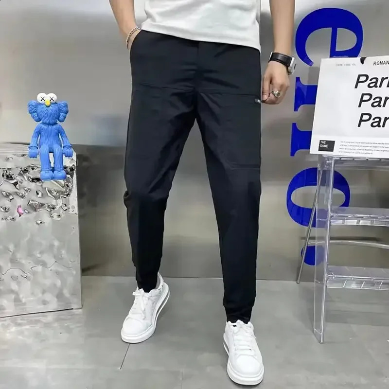 Mens high stretch multi pocket tight cargo pants sports solid color casual outdoor runners Trousers w240816