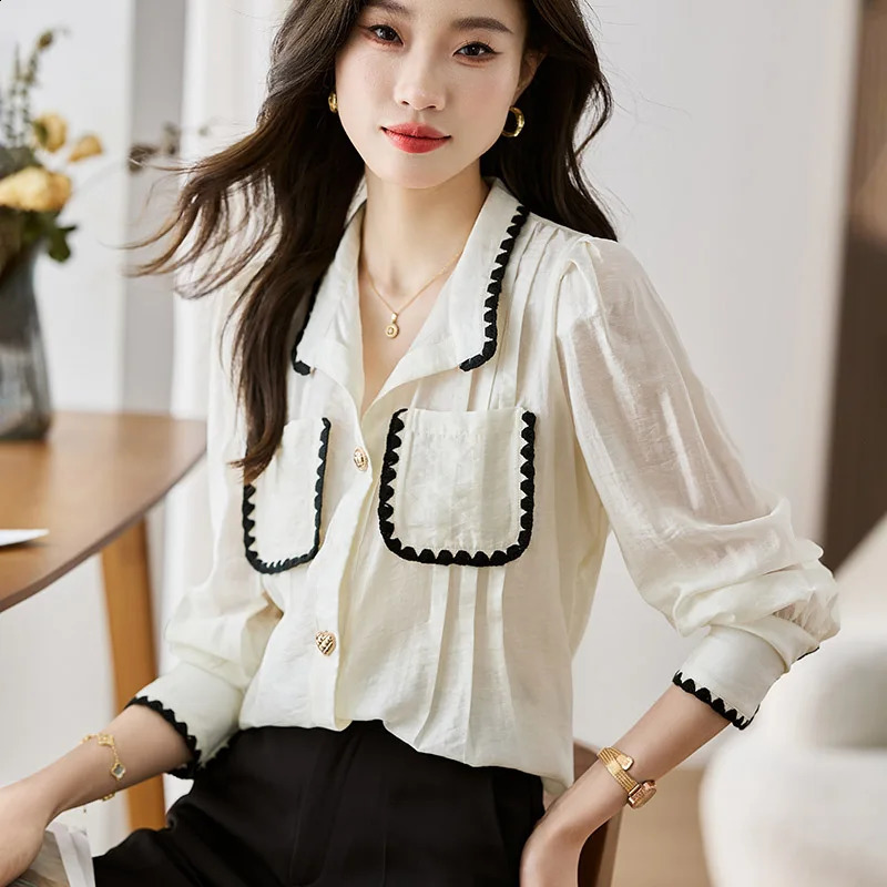 Women Clothing Fashion Turn-down Collar Long Sleeve Blouse Autumn Loose Office Lady Chiffon Shirts Casual Solid Button Tops 240816