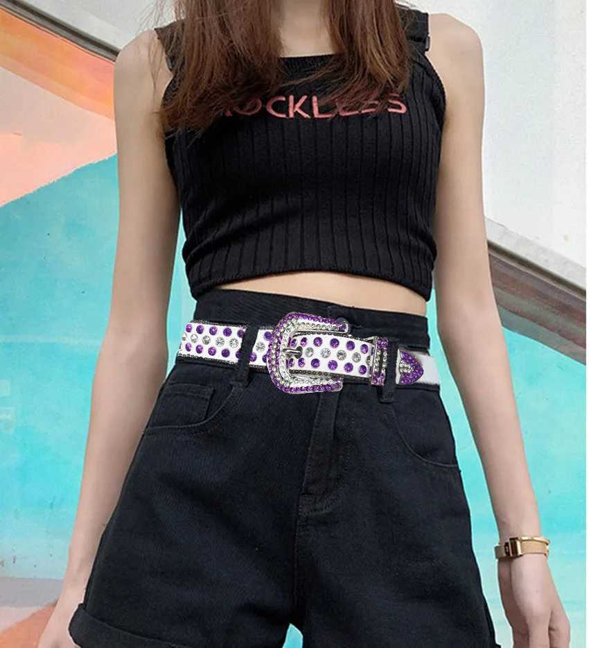 Unisex adult plus size womens punk western denim Rhinestone with stud diamond PU leather strap BB W240807