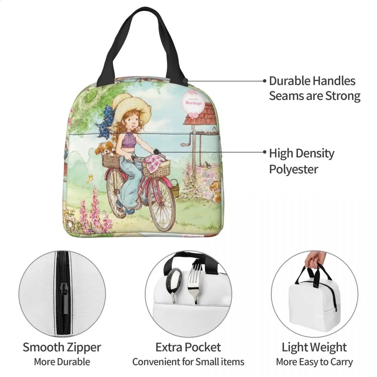 Cute Sarah Kay Girl Bike Ride Lunch Boxes Accessories Cartoon Village Life Thermal Cold Food Picnic Travel Lunch Bag Insulated 240816