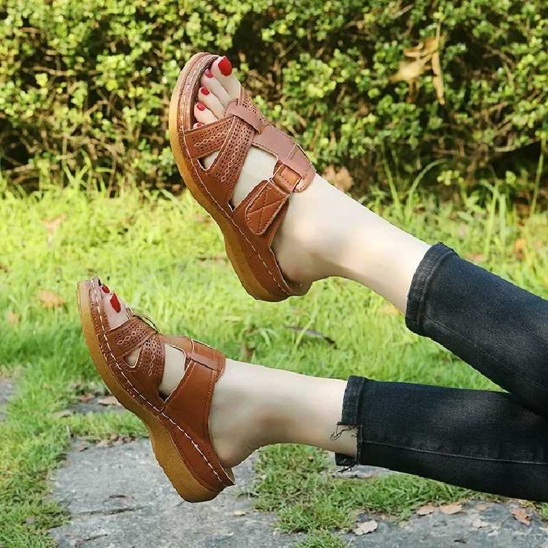 2024 Summer Women Wedge Sandals Premium Orthopedic Open Toe Sandals Vintage Anti-slip Leather Casual Female Platform Retro Shoes CI240806