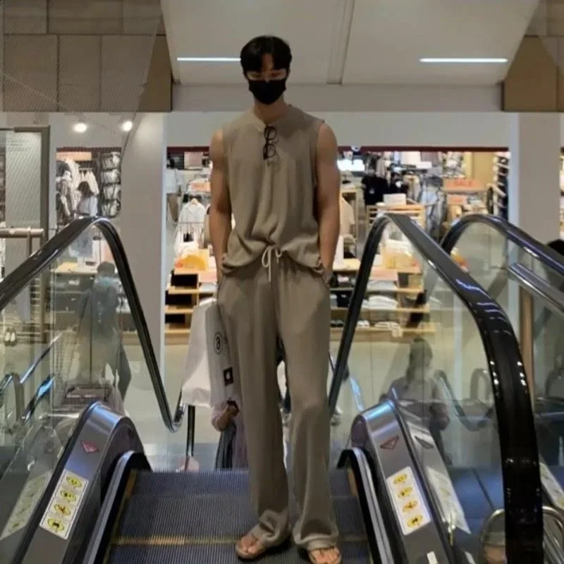 Summer Clothing Mens Casual Tank Tops Set Korean Streetwear O Neck Solid Drape VestTrousers 2 Piece Suit 2024 240809