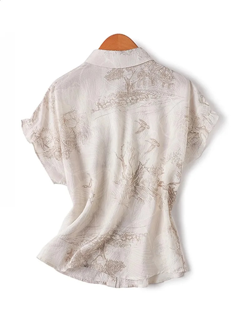 Womens short sleeved shirt silk retro print summer and fashionable spring 240814