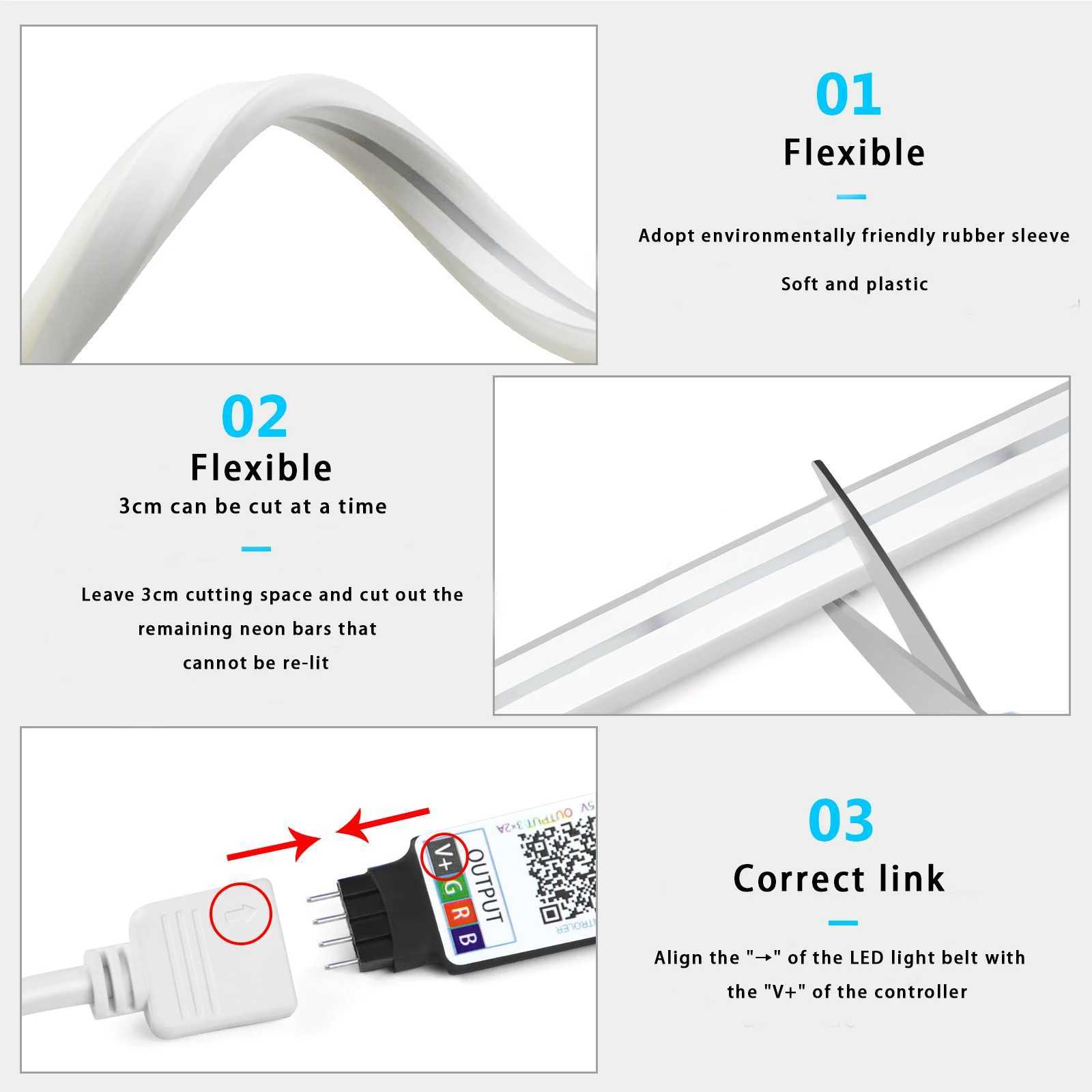 DC5V USB RGB neon light LED strip 1/2/3/4/5M IP65 waterproof neon light strip Bluetooth application and neon light decoration lighting remote control 