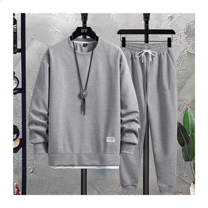 Spring Autumn Mens Set Solid Color Waffle Fabric Sports Set Long Sleeve Sweatshirt and Pants Casual 2PC Male Outfit Set 240821