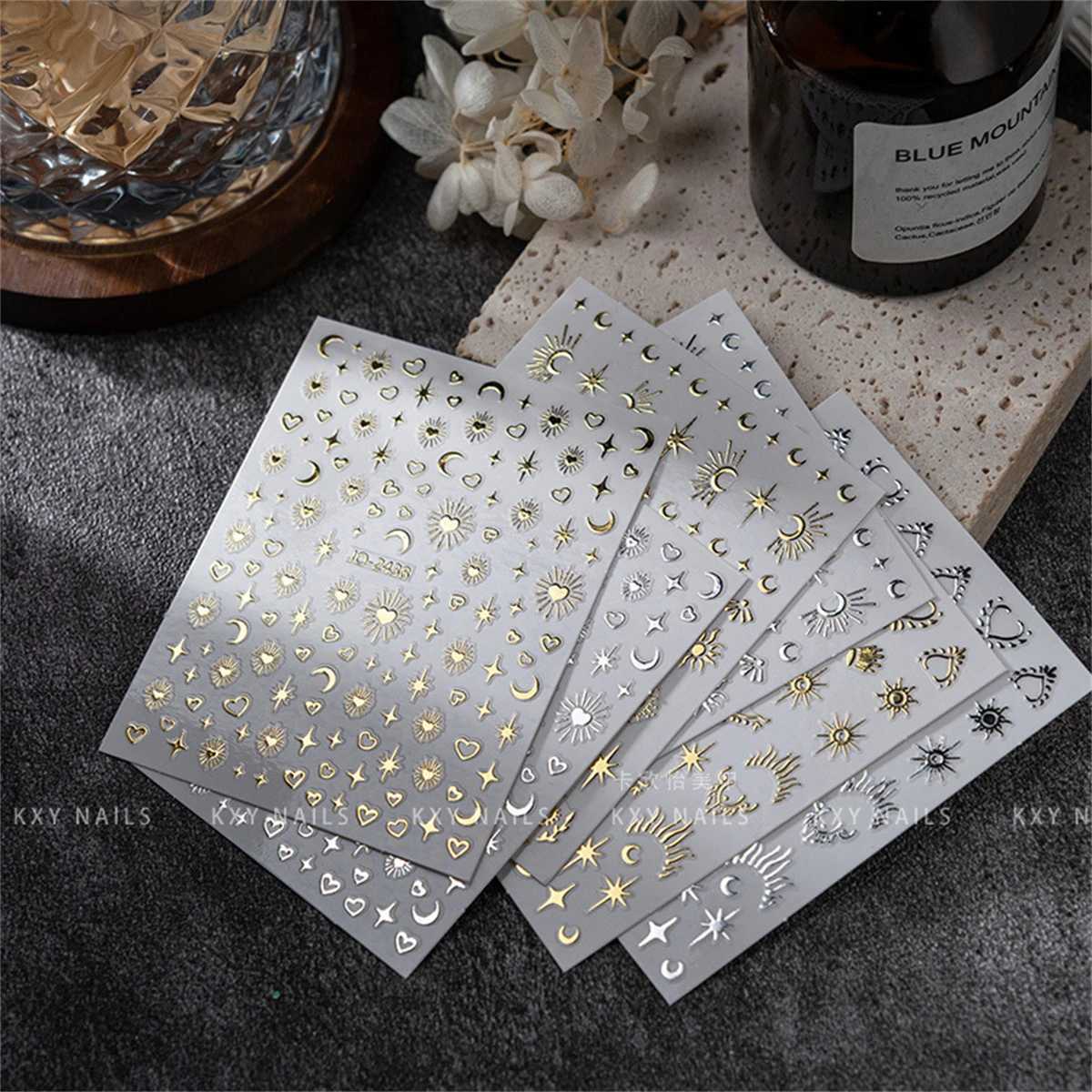 Random 5pcs Gold Silver Nail Art Decal Stickers Mixed Shapes Design Self-adhesive Sticker Acrylic Manicure Decorations AccessoryXJ240814